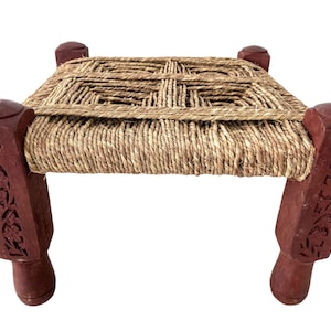 Vintage Indian Red Stained Wood Wooden Woven Raffia Strung String Footstool Foot Stool Rest Footrest Display Stand circa 1990&#39;s / EVE