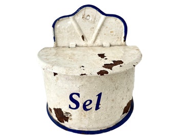 Vintage French Enamel Salt Sel Box Salter Storage Pot Bowl Rustic Rural Display Kitchen Wall Hanging Metal circa 1940-50's / EVE