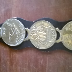 Vintage English leather martingale with 3 old coin horse brass brasses tack circa 1960&#39;s / EVE of Europe