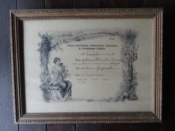 Vintage Framed French Agricultural Horticultural Farming Exhibition Society Certificate Dated 1936 / EVE