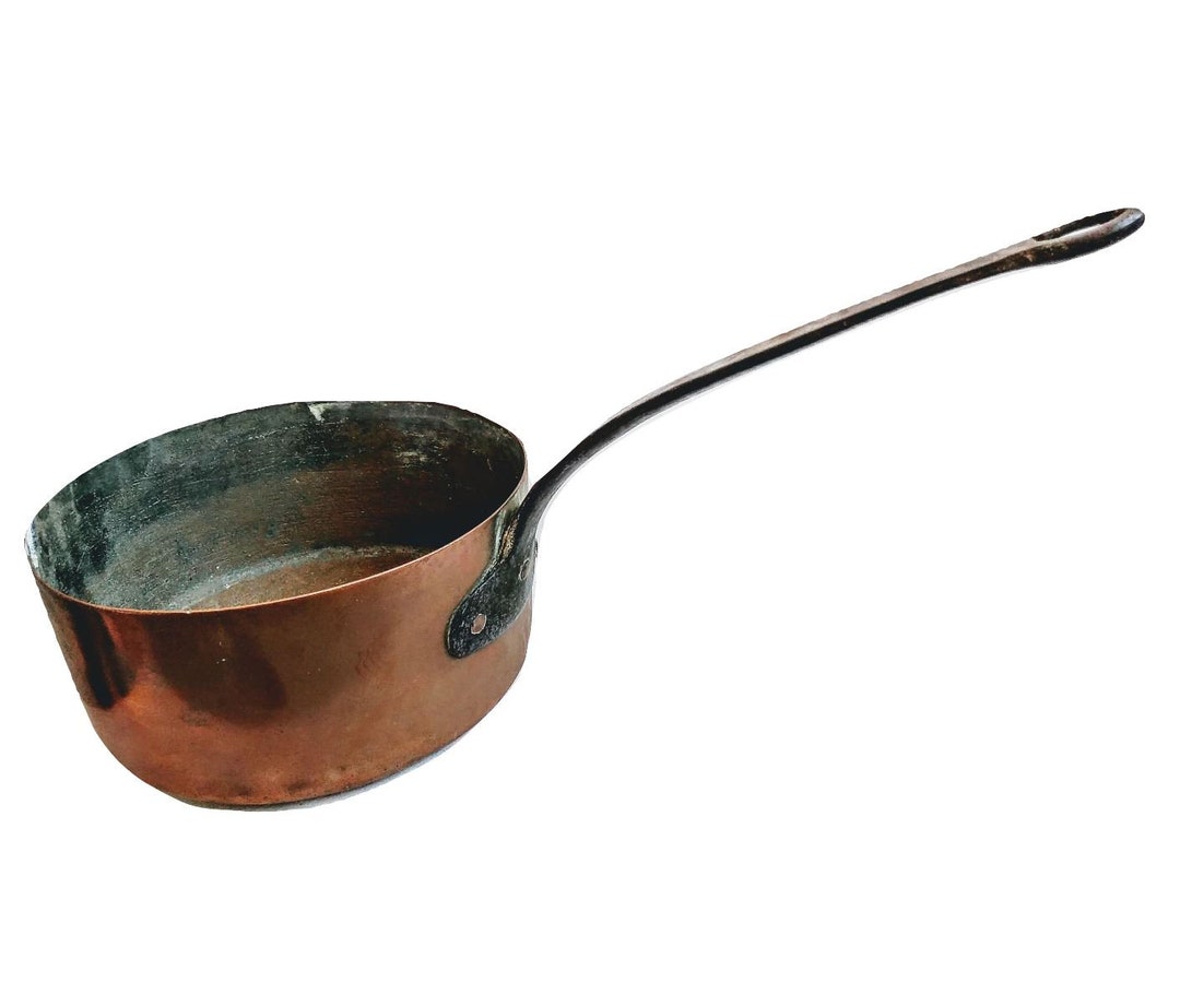 Vintage French Large Copper Saucepan Cooking Pot With Repairs Prop