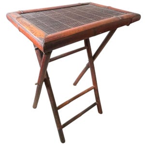 Vintage French Folding Canework Bamboo Side Table Plant Stand Wooden Square Shaped Shelf Rest Plinth Tabouret c1970&#39;s / EVE