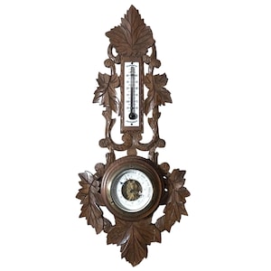 Vintage French Ornately Carved Wooden Back Metal Wood Barometer Barometre Thermometer Weather Forecasting Instrument Hanging c1950&#39;s / EVE