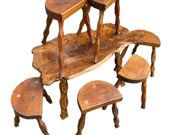 Vintage French Chunky Wooden Tripod Leg Artisan Made Milking Stool Chair Seat Table D Shaped Seat Stand Plinth Tabouret c1960-70's / EVE