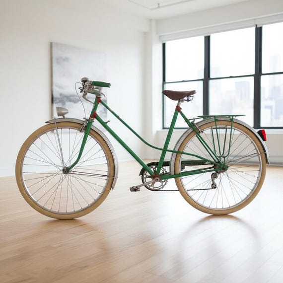 green womens bicycle Vintage French Green Ladies Fat Tyred Single Speed Cruiser Bicycle Good  Original Condition Cycling Bike Circa 1960-70's / EVE of Europe