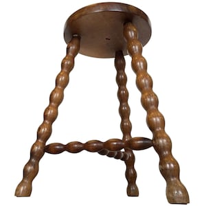 Vintage French Tripod Stool Chair Seat Wooden Milking Kitchen D Shaped Seat Braced Bobbin Leg Rest Stand Plinth Tabouret c1960-70&#39;s / EVE