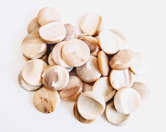 May include: A pile of round, cream-colored, mother-of-pearl buttons with a natural, iridescent sheen.