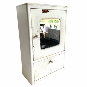 Vintage French Flaky Worn Paint Metal Wall Mounted Hung Storage Cabinet Shelf White Cupboard Bathroom Glass circa 1940-50's / EVE