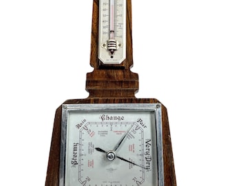 Vintage French Square Shaped Metal Wood Barometer Barometre Thermometer Weather Forecasting Instrument Hanging Wall c1950-60's / EVE