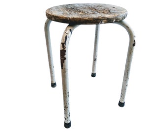 Sgabello da studio francese vintage in legno e metallo, piccola sedia, sedile, tavolo, piedistallo, espositore, arte, arrugginito, industriale, officina, sgabello, circa anni '70 / EVE