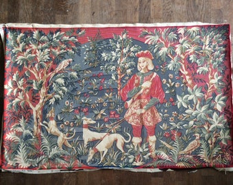 Vintage French Paris A La Maein RD large hand printed fabric faux tapestry hunting scene dogs hounds circa 1960's / EVE of Europe