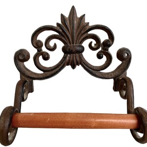 Vintage French Metal Wood Wooden Toilet Lavatory Paper Towel Roll Holder Wall Mounted Rusty Iron Look circa 1980-90's / EVE