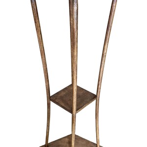 May include: A wooden plant stand with three legs and two shelves. The stand is made of dark brown wood and has a natural finish.