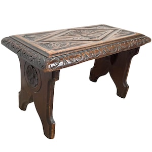 Antique French Footstool Foot Stool Step Rest Wooden Bench Seat Tiny Table Stand Display Prop Furniture Display Hand Carved c1910&#39;s / EVE