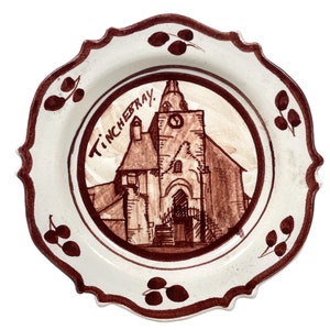 Vintage French Tinchebray Decorative Faience Plate Hand Made Painted Red White Ceramic Dish Display c1950-60&#39;s / EVE