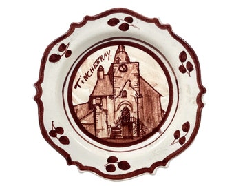 Vintage French Tinchebray Decorative Faience Plate Hand Made Painted Red White Ceramic Dish Display c1950-60's / EVE