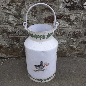 Vintage French milk churn barge art painted umbrella stick flower display stand vase pink flowers cow poppy circa 1960-70&#39;s / EVE