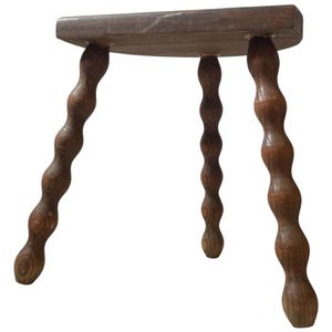 Vintage French Tripod Stool Chair Seat Varnished Wood Milking D Shaped Seat Bobbin Leg Rest Stand Plinth Tabouret Farmhouse c1960-70&#39;s / EVE