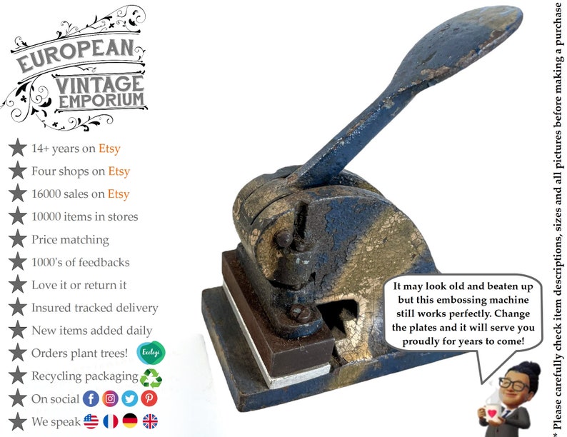 May include: Vintage metal embossing machine with a black handle and a worn, aged surface. The machine has a rectangular base and a lever that is used to operate the embossing plates. The machine is in good condition and appears to be functional.