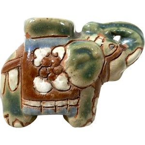 Vintage Tiny Chinese Elephant Ceramic Pot Stand Plinth Rest Brown Green Small Vase Pot Ashtray c1970-80&#39;s / EVE