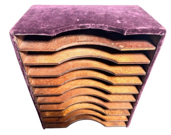 Vintage French Purple Velvet Wrapped Wooden Desktop File Filing Paperwork Mail Cabinet Organiser Desk Tidy Document Stand c1950-60's / EVE