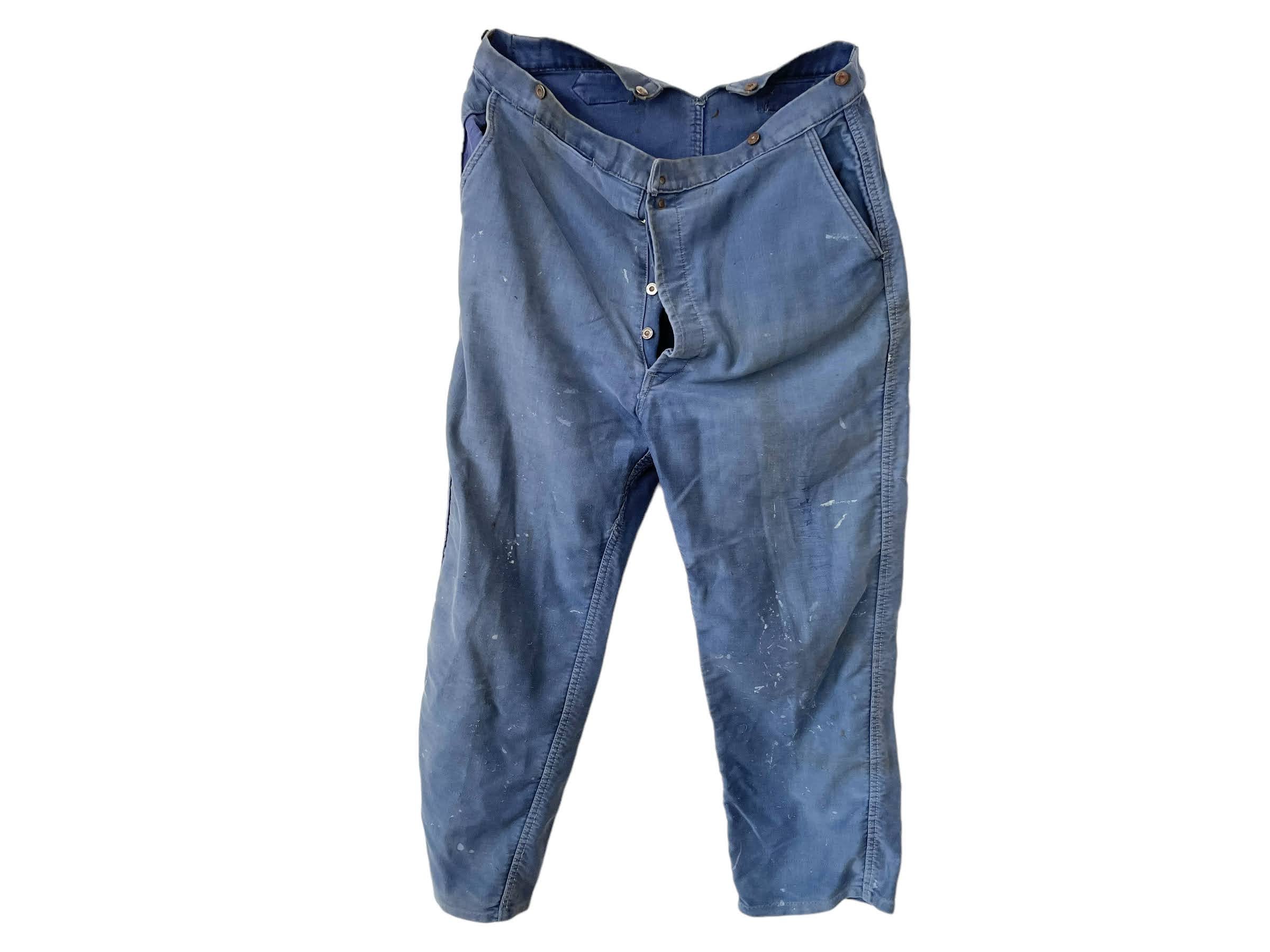 Vintage French Work Pants Trousers Bottoms Mended Clothes Blue 