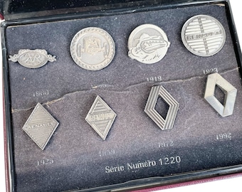 Vintage French Renault 1898-1992 Lapel Pin Badges Logo Badge Boxed Set Souvenir circa 1990's / EVE