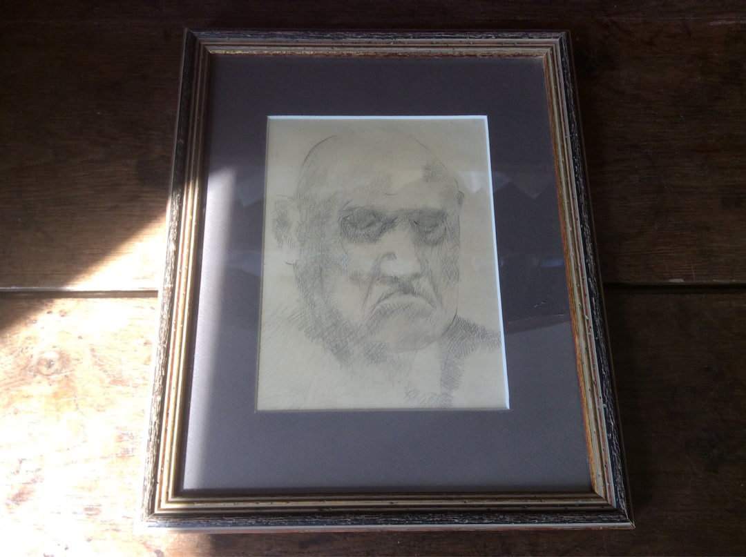 Vintage French Pencil Sketch of Grumpy Angry Man in Frame Circa 1960-70 ...