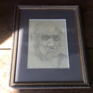 Vintage French Pencil Sketch of Grumpy Angry Man in Frame circa 1960-70&#39;s / EVE of Europe