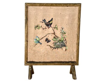 Antique French Hand Painted De Coopage Fire Guard Fireguard Fireplace Birds Butterfly Nest circa 1900-10's / EVE