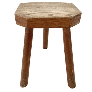Vintage French Wooden Wood Milking Stool Chair Seat Kitchen Table Farm D Shaped Seat Plant Rest Stand Plinth Rustic Tabouret c1970's / EVE