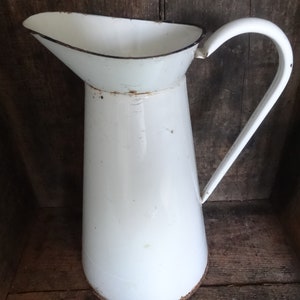 Vintage French Galvanised Pale Cream Blue Enamel Metal Watering Water Milk Jug Can Carafe Pitcher Vase LEAKING c1950&#39;s / EVE of Europe