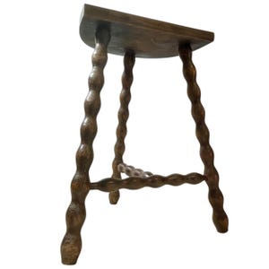 Vintage French Tripod Stool Chair Seat Wooden Milking Kitchen D Shaped Seat Braced Bobbin Leg Rest Stand Plinth Tabouret c1960-70&#39;s / EVE