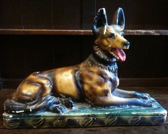 Vintage French German Shepherd Alsation Dog Large Figurine Plaster Statue circa 1920-30's / EVE of Europe