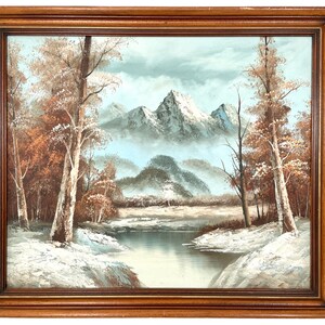Vintage French Framed Oil Painting On Canvas Of Lake in Winter Snow Mountains frame scenic rustic circa 1980-90&#39;s / EVE