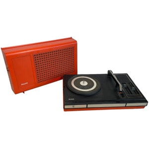 Vintage French Philips Orange Cased Record Player With Speaker circa 1970&#39;s / EVE