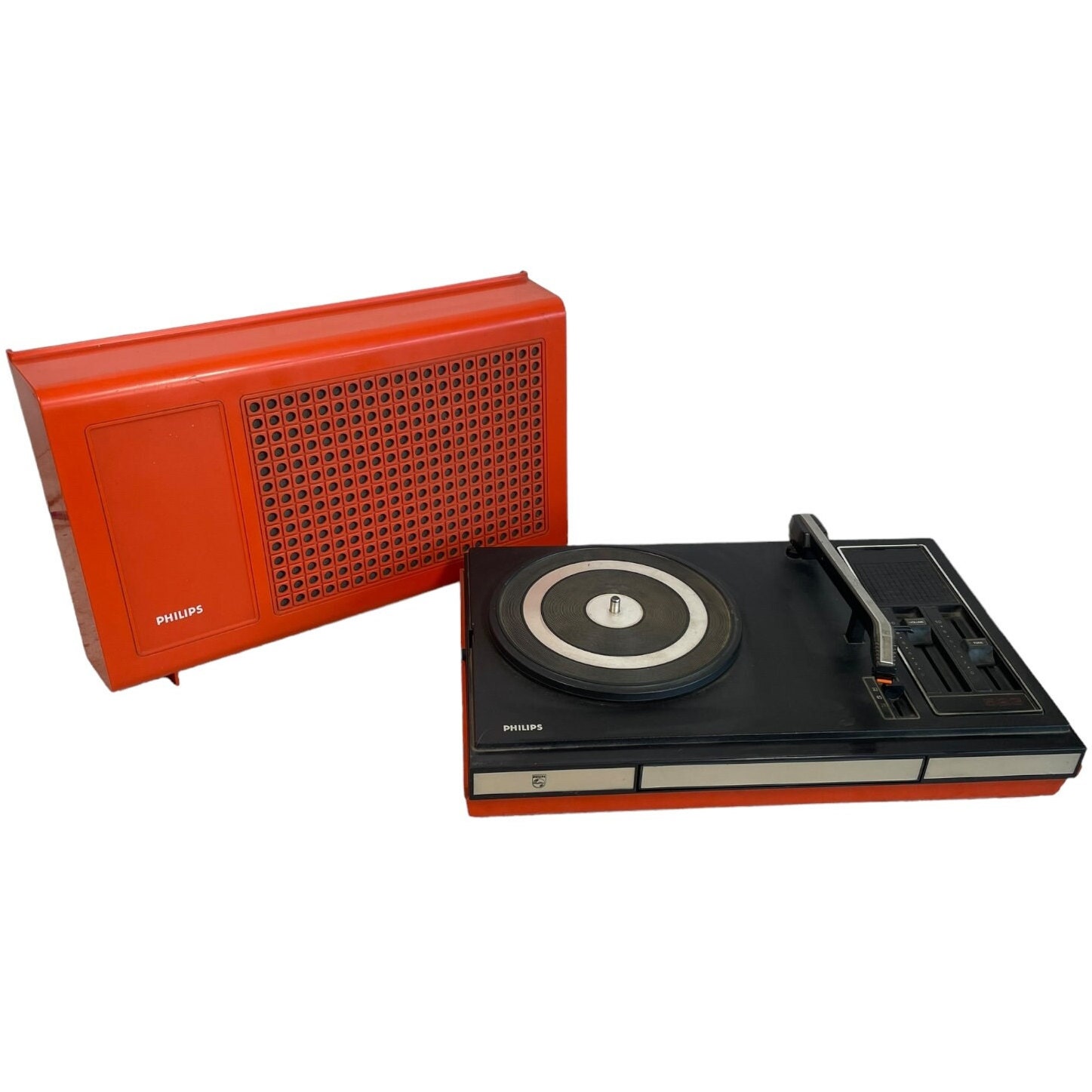 Vintage French Philips Orange Cased Record Player With Speaker