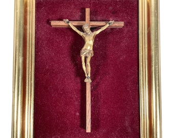 Vintage French Wood Metal Jesus Cross Crucifix In Golden Frame Hanging Monk Monastry Nun Nunnery Roman Catholic c1960-70's / EVE