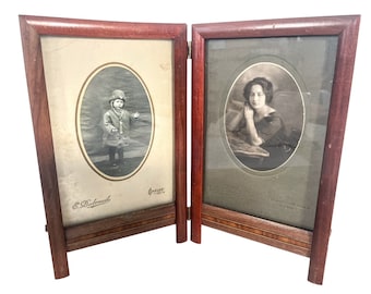 Vintage French Wooden Double Photo Frame Holder Frame Document Presentation Decor Display c1920-30's / EVE