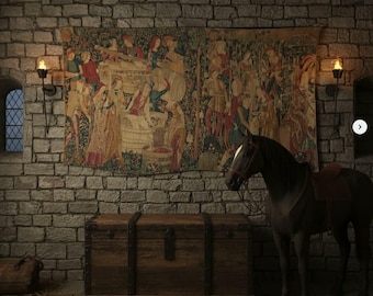 May include: A large rectangular wall tapestry featuring a multi-colored medieval scene of people harvesting grapes, displayed above a dark brown wooden storage chest with metal bands and a dark brown horse statue standing to the right.