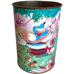 Vintage French Lever Donald Duck Bent Rusty Metal Decorated Waste Paper Office Bin Wastepaper Trash Can circa 1970-80's / EVE