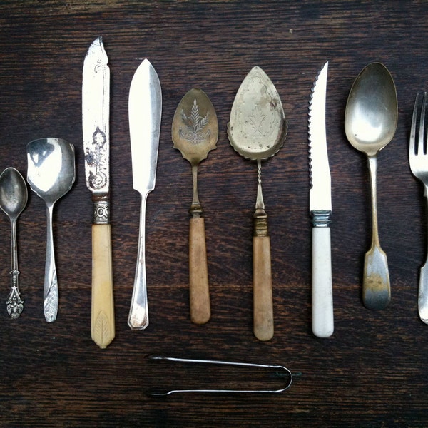 Vintage English Mixed Collection of Cutlery, Flatware, & Sugar Tong / English Shop