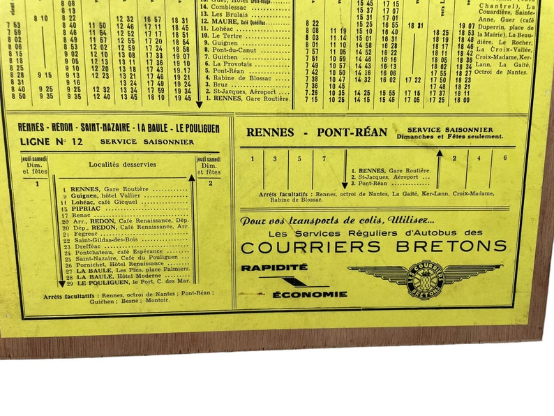 Vintage French Bus Stop Coach Timetable Courriers Bretons La Gacilly Rennes Ploermel circa 1957 / EVE image 6