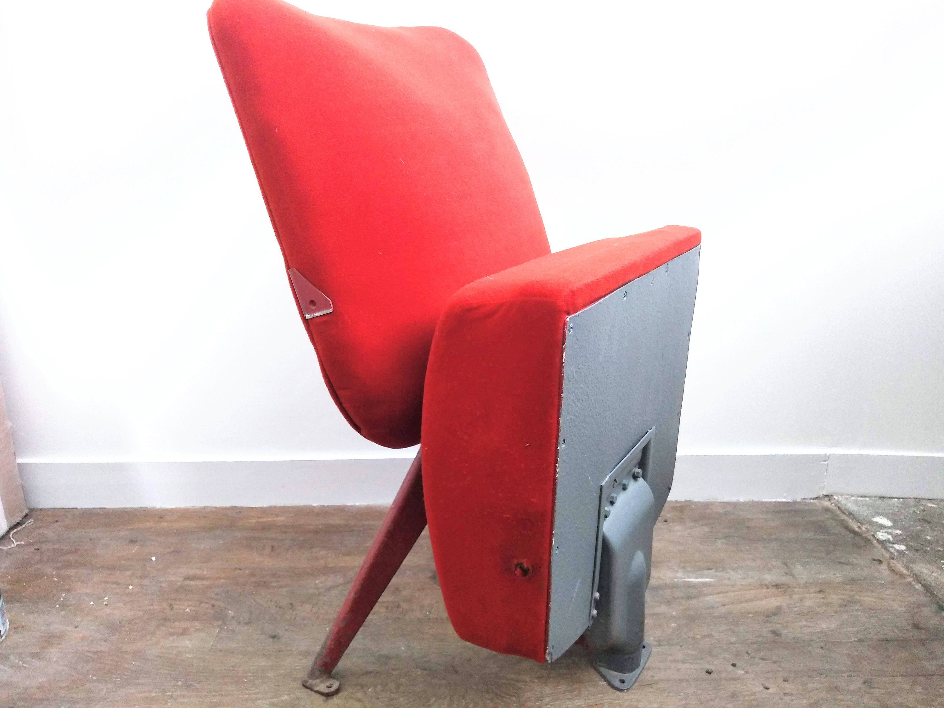 Vintage French Red Cushioned Cinema Chair heavy metal framed circa 1970-80's / EVE of Europe