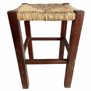 Vintage French Brown Wood Wooden Woven Strung Footstool Foot Stool Rest Footrest Display Stand Tabouret circa 1960-70&#39;s / EVE