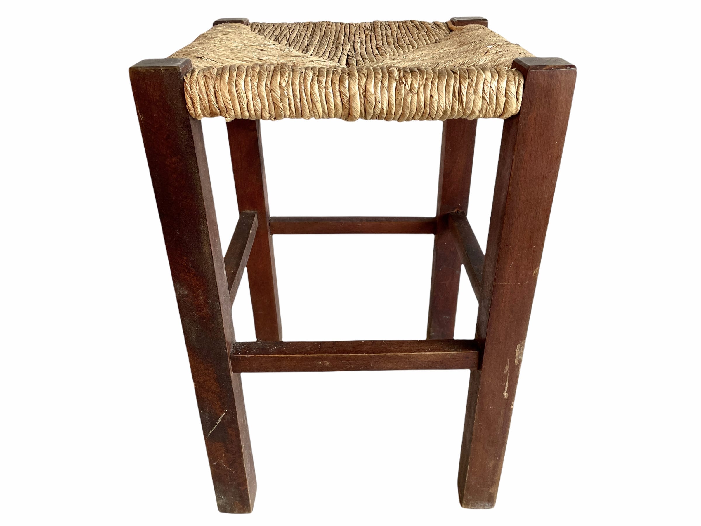 Vintage French Brown Wood Wooden Woven Strung Footstool Foot Stool Rest Footrest Display Stand Tabouret Circa 1960-70's/Eve