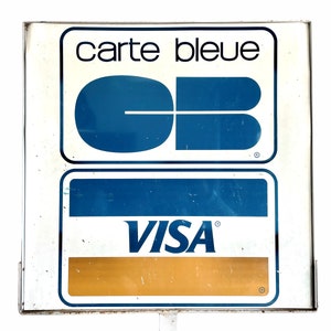 Vintage Grande enseigne extérieure en métal Visa Carte Bleue, française sur pied, présentoir extérieur extérieur collector, c1970's / EVE of England