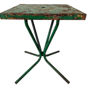 Vintage French Bistro Style Side Table Green Rusty Leg Metal Stand Plinth Outside Garden Patio Cafe Chippy circa 1960-70&#39;s / EVE