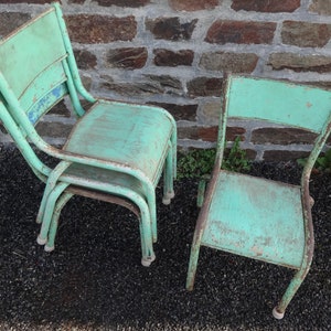 Vintage French Small Child School Playschool Playroom Chair Seat Green Wood Metal SOLD INDIVIDUALLY circa 1950-60's / EVE of Europe