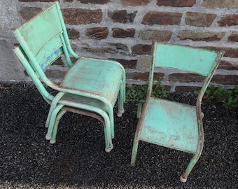 Vintage French Small Child School Playschool Playroom Chair Seat Green Wood Metal SOLD INDIVIDUALLY circa 1950-60's / EVE of Europe